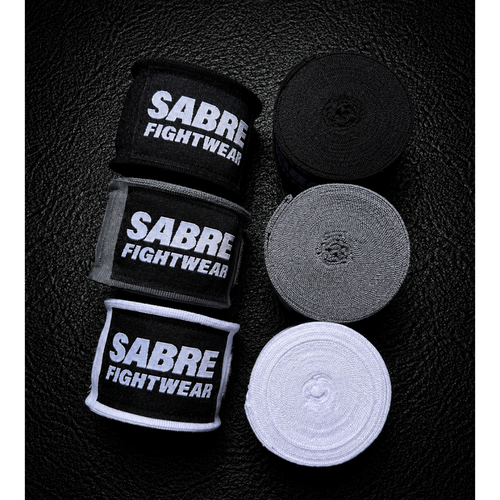 Sabre Fightwear boxing hand wraps on a black background