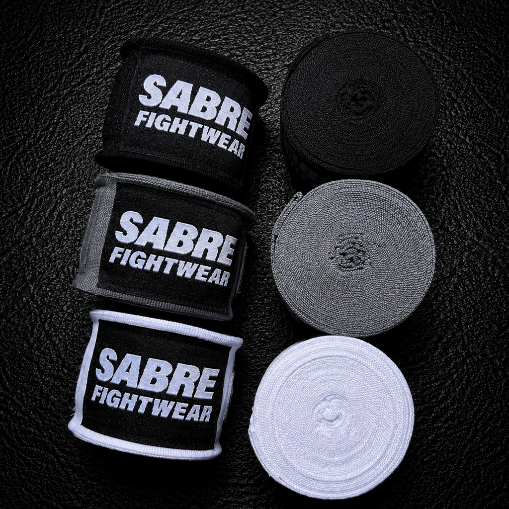 Sabre Fightwear boxing hand wraps on a black background