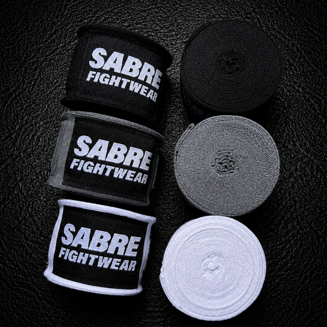 Sabre Fightwear boxing hand wraps on a black background