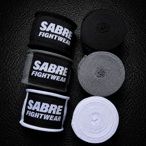 Sabre Fightwear boxing hand wraps on a black background