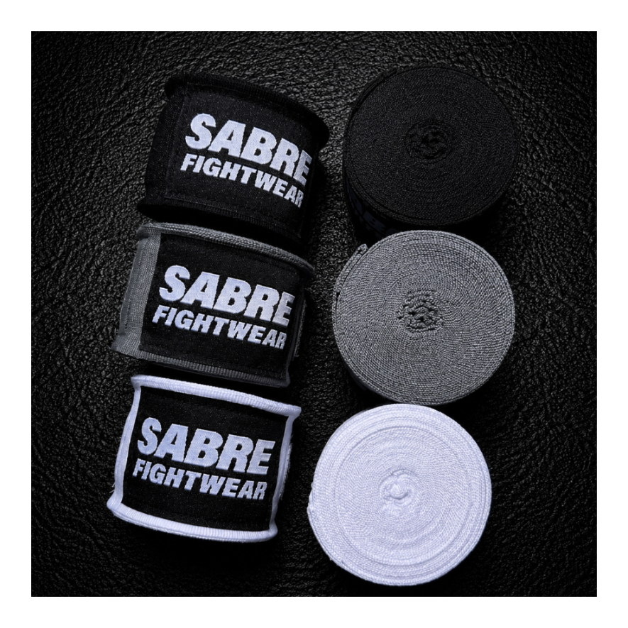 Sabre Fightwear boxing hand wraps on a black background